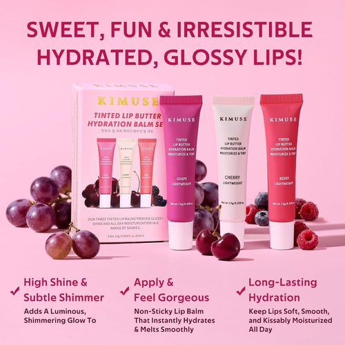 KIMUSE Tinted Lip Butter - Hydrating Lip Balm with Hyaluronic Acid & Vitamin E | 3 Pack for Moisture & Shine