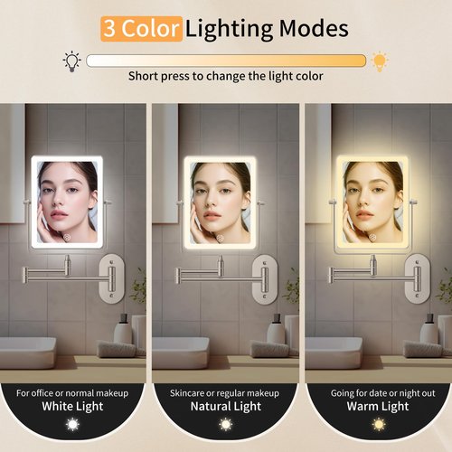FUNTOUCH 5000mAh Rechargeable Wall Mounted Makeup Mirror with Lights, 8.7" Double Sided 1X/30X Magnifying Mirror with Dimmable 3 Color Light, Extended Swing Arm 360° Wall Mount Bathroom Vanity Mirror