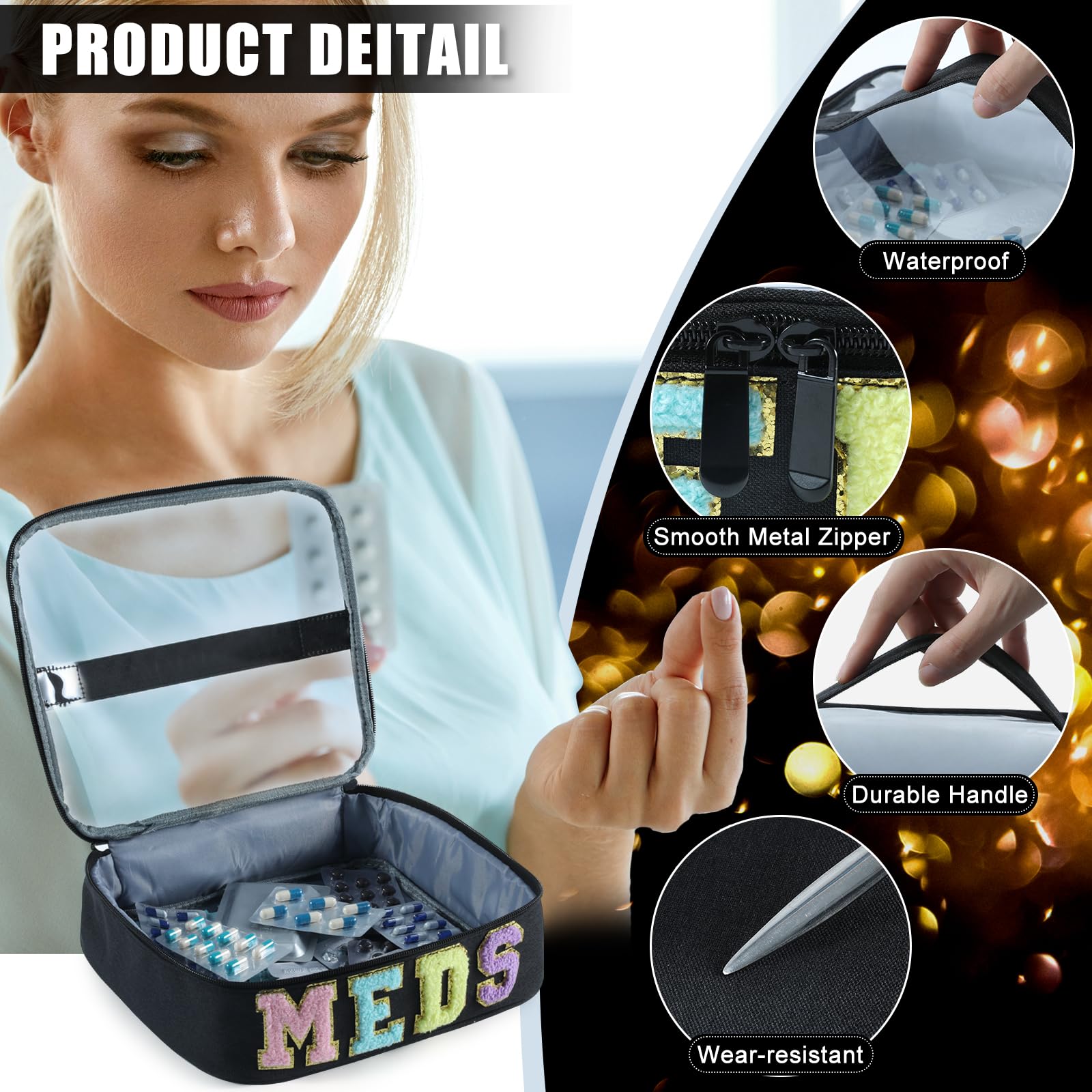 YUDEYG Medicine Bag Organizer for Travel - Large Transparent Top Pill Bottle Organizer with MEDS Patch, Water-Resistant Nylon Medication Bag for Toiletries & Cosmetics (Black, Navy, Gray) (Black)