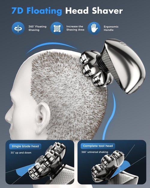 7D Electric Head Shaver - 5-in-1 Pro Grooming Kit for Bald Men | Waterproof, Travel-Ready, Type-C Charge