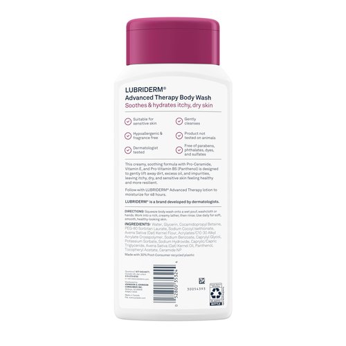 Lubriderm Advanced Therapy Body Wash, Unscented Nourishing Cleanser with Pro-Ceramide, Vitamin E & Pro-Vitamin B5 Gently Cleanses Itchy, Dry Skin, Fragrance Free, Hypoallergenic, 16 fl. oz