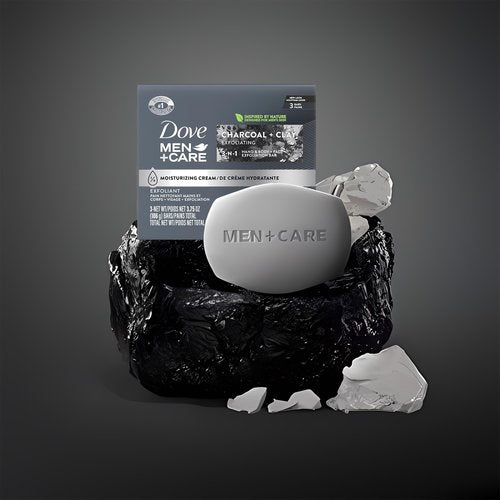 Dove Men + Care Bar Soap Charcoal Clay, 12 Count, 3 in 1 Body Face and Hand Exfoliating, Purifying Bar Soaps for Men, Plant Based with Essential Oils, Moisturizes Dry Skin, Clean Scent, 3.75 oz. Each