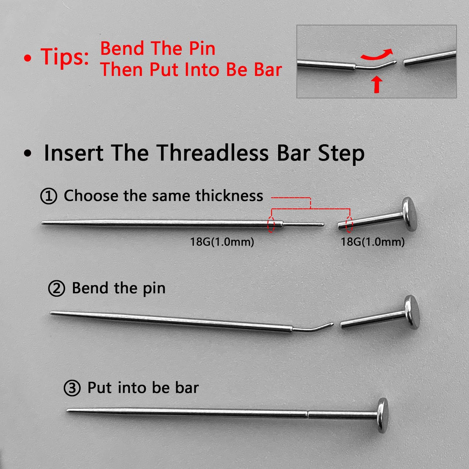 WOLAYI G23 Titanium Threadless Piercing Taper 16G/18G/20G Flat Back Earring Applicator Tool Insertion Pin for Push In Nose Lip Ear Tragus Helix Body Piercing Jewelry Stretcher Assistant Tool (6Pcs, 20G/18G/16G Curved&Straight)