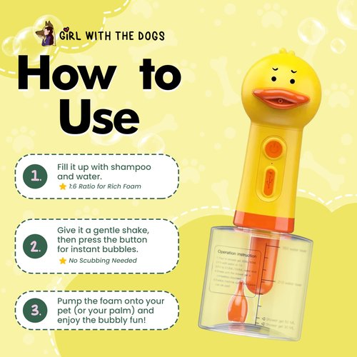 Electric Shampoo Dispensing Foaming Duck by Girl With The Dogs – Fun Foaming Soap Dispenser for Dog Grooming, Cat Supplies, Kids Bathroom Set & Bathroom Accessories – Shampoo Pump Dispenser