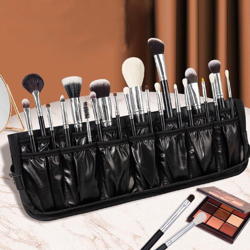 COSHINE Waterproof PU Black Professional Makeup Brush Organizer Bag, 14-HOLE Cosmetic Brushes Stand-Up Design for Organized Storage (Brushes Not Included)