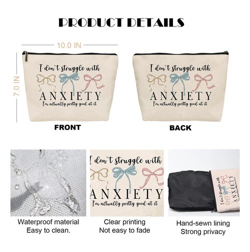 Nihilform Funny Makeup Bag, Humor Anxiety - Themed Makeup Bag，“I Don’t Struggle with Anxiety” Funny Design，Gift for Mental Health Advocates, Self - Care & Relatable Humor, 10x7 Inch Khaki