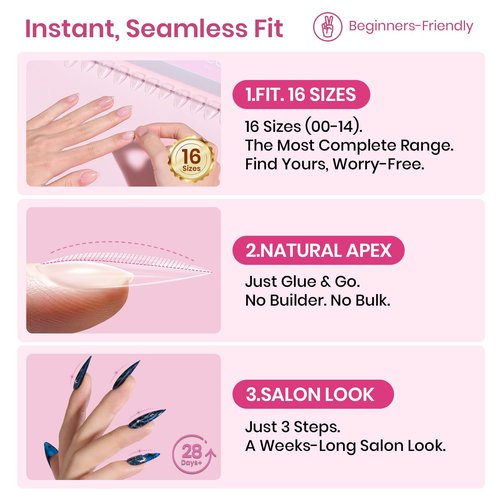 Beetles Tipex Lite Instant Apex Nail Tips, Medium Stiletto, 16 Sizes | 00–14, Built-in Apex Acrylic Tips for Flat & Natural Nail Beds, Beginner-Friendly Easy DIY Nail Extensions