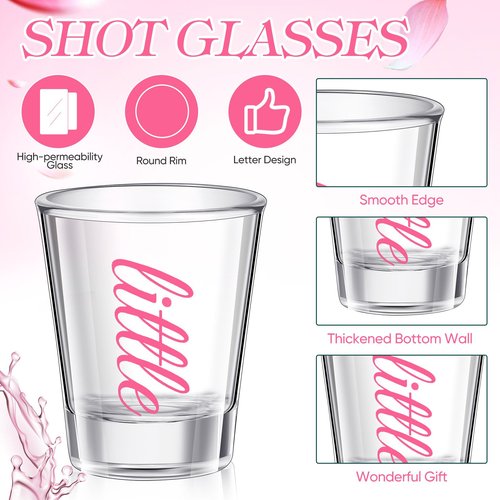 Shinylin 2 Set Big Little Sorority Gifts Includes Clear Sorority Big Little Shot Glass PU Leather Preppy Cosmetic Bag 2oz Tequila Mini Glass Cup Letter Makeup Pouch for Women Sister(Cute)