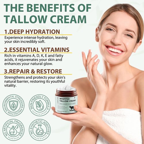 Beef Tallow for Skin, Tallow and Honey Balm, All Natural Moisturizer Hydrates and Nourishes the Skin, Deeply Moisturizing for Face & Body, Organic Grass Fed Whipped Beef Tallow & Honey Beeswax-4.2 Oz