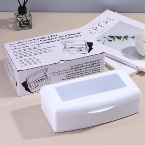 Nail Tool Sterilizer Box Plastic Disinfectant Container for Nail Art Accessories Tools, Sterilizer Soaking Box with Strainer Pedicure Manicure Cleaning Equipment, White