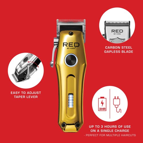 Red Cordless Mini Trimmer – Lightweight, High Performance Pro Zero Gapped with 4 Attachments for Manscaping, Carbon Steel Blade, Adjustable Taper Lever, USB-C Charging 3-Hour Run Time, Travel Size