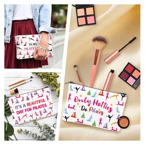 DOODLREAM 4Pcs Canvas Pilates Teacher Appreciation Gifts Makeup Bag - 9.06" x 5.9" Only Hotties Do Pilates Cosmetic Bags Travel Organizer Portable Accessories with Zipper, Purse Organizer Pouches