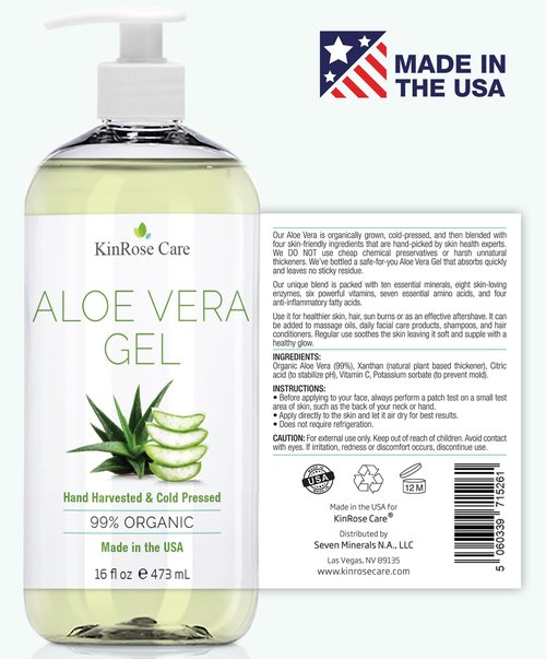 KinRose Care, 16oz Organic Aloe Vera Gel for Face, Skin, Hair & Sunburn Relief - From 100 Percent Pure Aloe Vera - Cold Pressed, Vegan, Unscented - Made in USA.