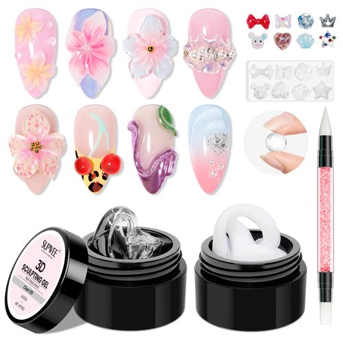 SUPWEE 3D Nail Gel Sculpting Gels for Nail Art, Clear&White Hard Solid Builder Gel Non-Sticky Extension for Carving Molding with Silicone Mold Silicone Pen Designs DIY Manicure at Home