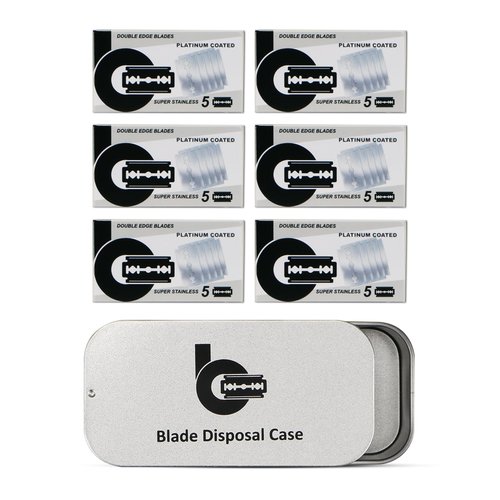 Platinum Coated Safety Razor Blades (USA Stainless Steel, fit All Standard Double Edge Safety Razors), 30 Count, with 1 Compact Razor Blade Disposal Container for Daily & Travel Use