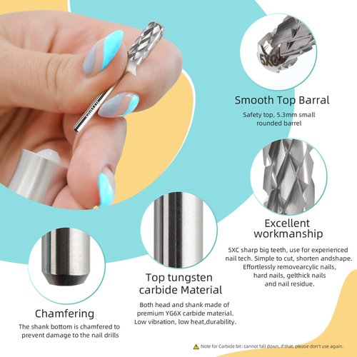 HYTOOS 5XC Safety Nail Drill Bits, Small Rounded Barrel, 3/32 Shank Carbide Nails Bit for Righties, Electric Drills Accessories, Fast Remove Manicure Art Thick Gel (5XC, Small Barrel)