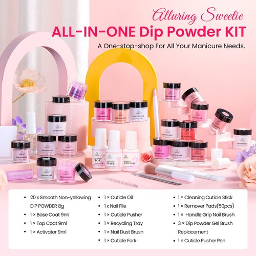Beetles Dip Powder Nail Kit 36pcs 20 Colors Nude Hot Pink Red Glitter White Dip Nails Powder Starter Kit with Base Top Coat Activator Cuticle Oil Nail Set for Women Alluring Sweetie Collection