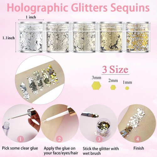 Hair Face Gems Rhinestones with Makeup Glue, Flat Back Colorful Jewels Crystal Half Round Pearl Gold Holographic Glitters Sequins Kit, Wax Pencil Tweezer and Brush For Face Eye Hair Body Makeup