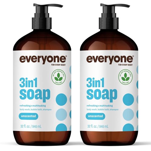 Everyone 3-in-1 Soap | Body Wash, Bubble Bath & Shampoo - Unscented, 32 Ounce (Pack of 2)