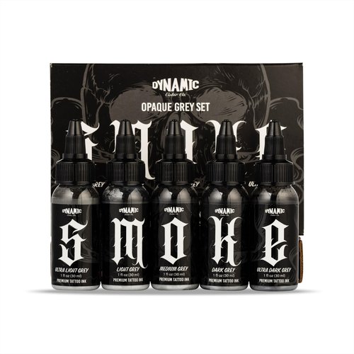 Dynamic Color Co- Smoke Set, Opaque Grey Tattoo Ink Set, 5 Shades of Ultra Light to Ultra Dark, Made in USA, Sterilized, 1 oz Bottles - Professional Tattoo Artists