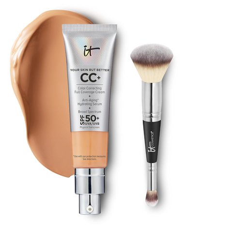 IT Cosmetics CC+ Cream - Full Coverage Foundation with SPF 50+ for Natural Finish | Neutral Tan - 1.08 fl oz & #7 Concealer Brush for Flawless Blending