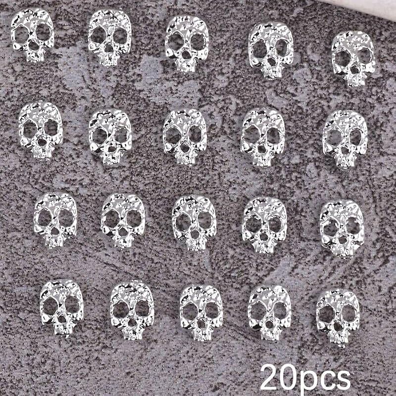 Halloween Nail Charms Silver Skull 20PCS for Acrylic Nails DIY Nail Art