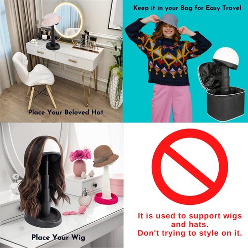Adjustable Wig Head - Wig Stand for Travel and Salon for Styling Protection, Collapsible Compact Stand, Expands Long and Short Wigs (White & Black)