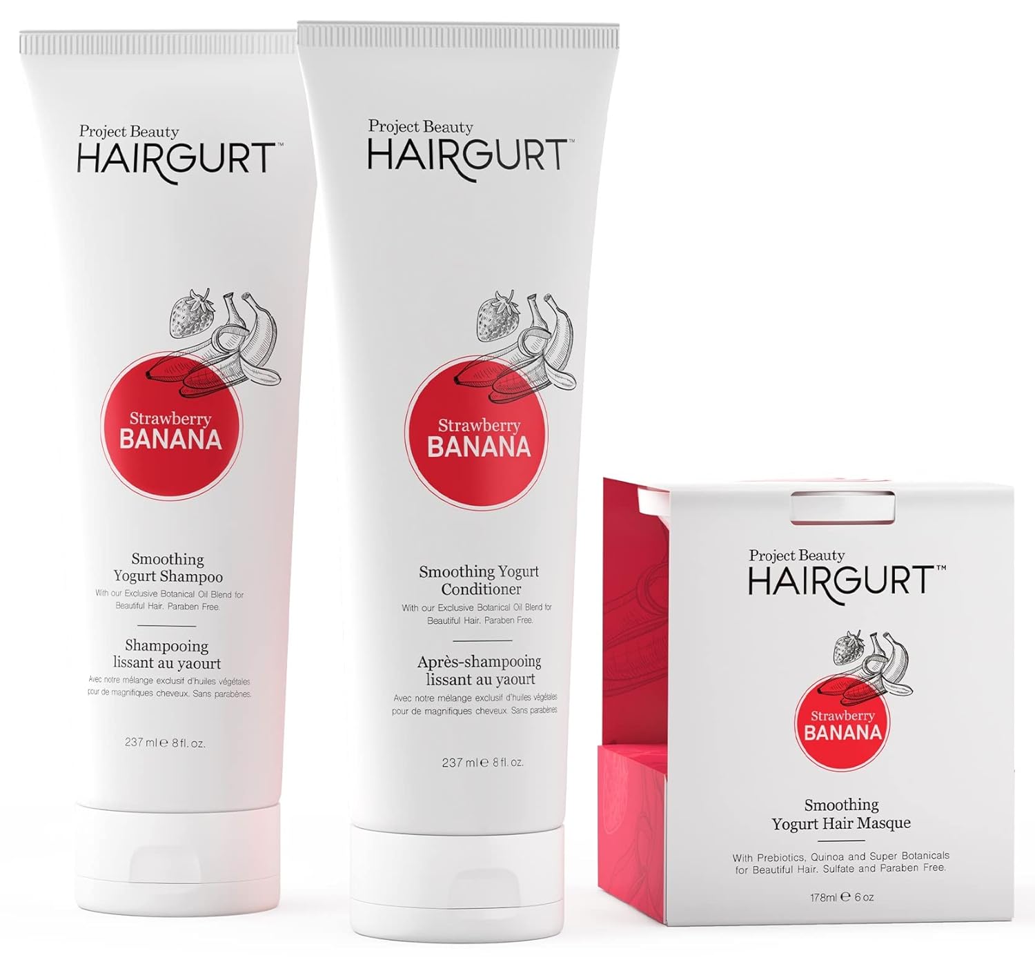 Strawberry Banana Hair Care Set - Smoothing Shampoo, Conditioner & Mask for Frizz Control - Natural & Sulfate-Free