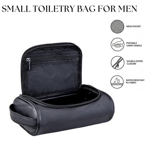 Cumbanho Mens Toiletry Bag, Compact Dopp Kit for Men Travel, PU Leather Shaving Kit, Water-Resistant Minimalist Organizer with Wrist Strap, Fits Grooming Essentials,Black