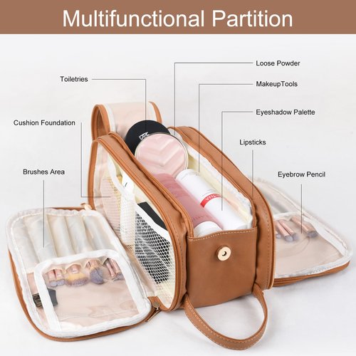 Live Saft Super Travel Makeup Bag - Large Capacity Cosmetic Bags For Women Portable Opening Travel Toiletry Bags, Waterproof PU Leather Pouch Open Flat Makeup Organizer With Handle and Divide Brown