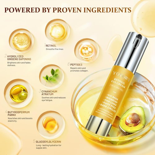 Retinol Eye Cream for Eye Bags - Rapid Under Dark Circles,Wrinkles, Fine Lines, Puffiness | Hydrating Anti-Aging Moisturizer Skin Care, Christmas gifts for Women and men 0.67 fl oz (Yellow)