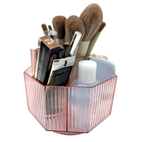 LiteTour Crystal Pink 360° Rotating Makeup Brush Organizer, Multi-Compartment Storage for Skincare, Cosmetic Tools, Vanity, Desk, Stationery, Pens, Office & Countertop Organizer for Bathroom & Home