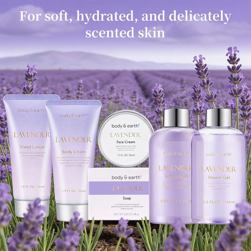BODY & EARTH Bath and Body Gift Set - 6 Pcs Lavender Bath Kit for Women Spa Set, Perfect Birthday, Mother's Day, Valentine's Day Gift Set for Women Includes Bubble Bath, Shower Gel, Body Lotion