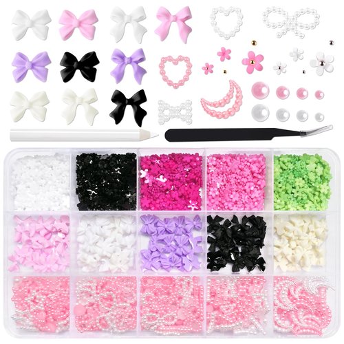 LoveOurHome 3D Star Moon Heart Bow Charms Nail Decorations Kit - Bow-Knot Floral Nail Studs Rhinestone Pink White Pearl Beads Acrylic Nail Design Jewelry Supplies with Tweezer