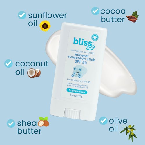 Bliss Baby Mineral Face Sunscreen Stick, SPF 50, Natural Zinc Oxide, Unscented, Hypoallergenic & Dermat Tested, Water-Resistant, Vegan, Sensitive Skin - For Toddlers, Babies, Kids & Whole Family