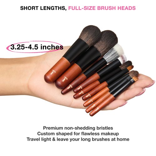 Cosme 9 FULL FACE MINI Short Handle Makeup Brush Set & Case - Small Travel Size Powder, Blush, Concealer, Brow, Eyeliner, Eyeshadow Miniature Make Up Brushes for Home, Purse, Office, Gym, Vacation