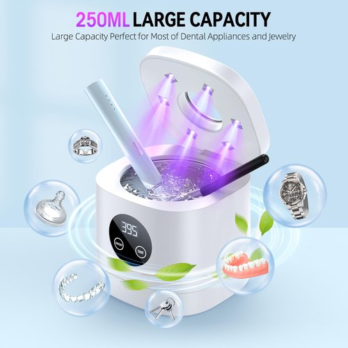 TEBAL Ultrasonic Retainer Cleaner Machine, 52kHz Ultrasonic Denture Cleaner for Night Guards, Braces, Toothbrush Heads, Jewelry and More, Ultrasonic Cleaner for Retainers with 250ML Capacity, White