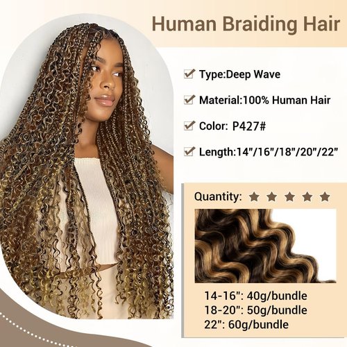 Human Braiding Hair for Boho Knotless Braids 1 Bundle 18 Inches 50g Deep Wave Bulk Human Hair for Braiding Hair Wet and Wavy 10A Brazilian Virgin Human Hair Balayage Brown to Blonde 4P27