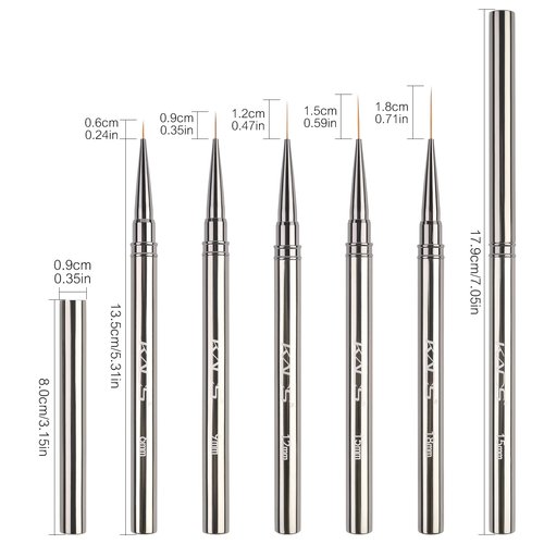 KADS Fine Liner Nail Brush Metal Handle Nail Painting Design Brush Drawing Pen 6mm 9mm 12mm 15mm 18mm (Set of 5Pcs)