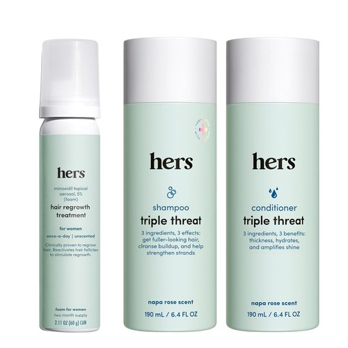 Hers Triple Threat Shampoo & Conditioner Set | 5% Minoxidil Foam for Hair Thickening - 3 Count