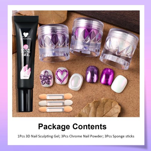 SUTOZMIWE 3D Nail Gel and Chrome Nail Powder Kit: 10g Sculpting Gel for Nail Art Metallic Mirror Effect Pigment Aurora Pearl Chrome Powder for Home DIY Salon Use (Purple)