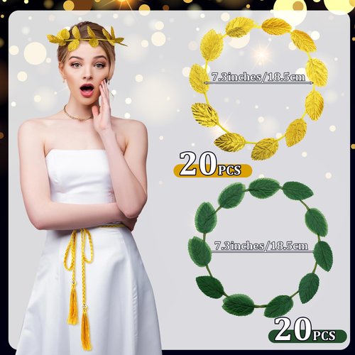 Suncalla 40 Pcs Greek Headband for Toga Party, 7.28 Inch Gold and Green Laurel Wreath Headbands, Greek Roman Goddess Headbands, Golden Leaf Crown Headpiece for Women, Toga Party Decor and Photo Props