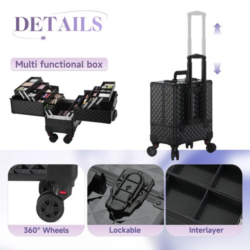 Leeora&Leekoo High-Capacity Multilayer Portable Nail Case for Nail Tech Organizer with Wheels - Lockable Makeup Case Organizer, Cosmetic Case, Makeup Train Case (watercube pattern)