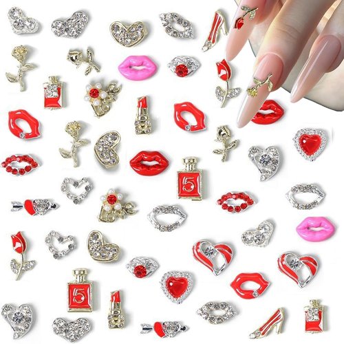 48Pcs Valentines Nail Art Charms Y2k Alloy Nail Gems and Rhinestones 3D Love Heart Lips Nails Design Kawaii Nails Charms for Women Acrylic Nails DIY Manicure Decoration