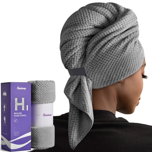 Umisleep Extra Large Microfiber Hair Towel - Super Soft Quick Dry Wrap for Long, Curly Hair - Grey