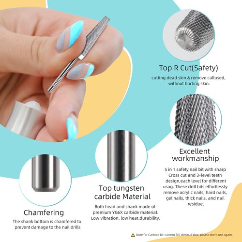 HYTOOS 24mm Super Long 5 in 1 Nail Drill Bits, Cross Tapered Carbide Bit, 3/32" Two-way Rotate for Both Hand, Remove Acrylic Nails/Gel, Electric File Tool Drills Manicure Accessories (2XF)