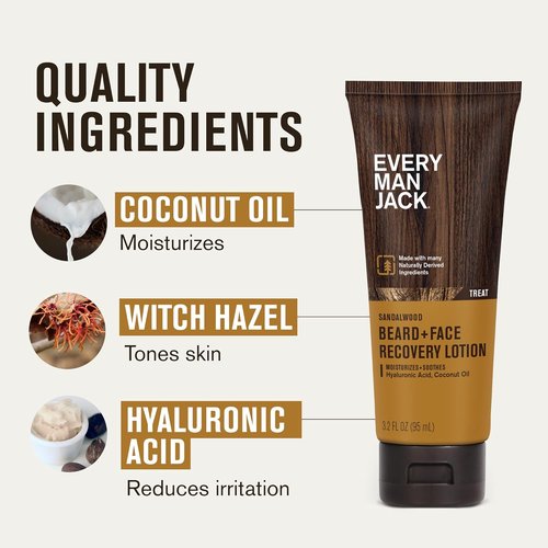 Every Man Jack Beard & Face Recovery Lotion - Moisturizes Dry Skin & Relieves Beard Itch - Light Sandalwood Scent - 3.2oz (2 Pack)