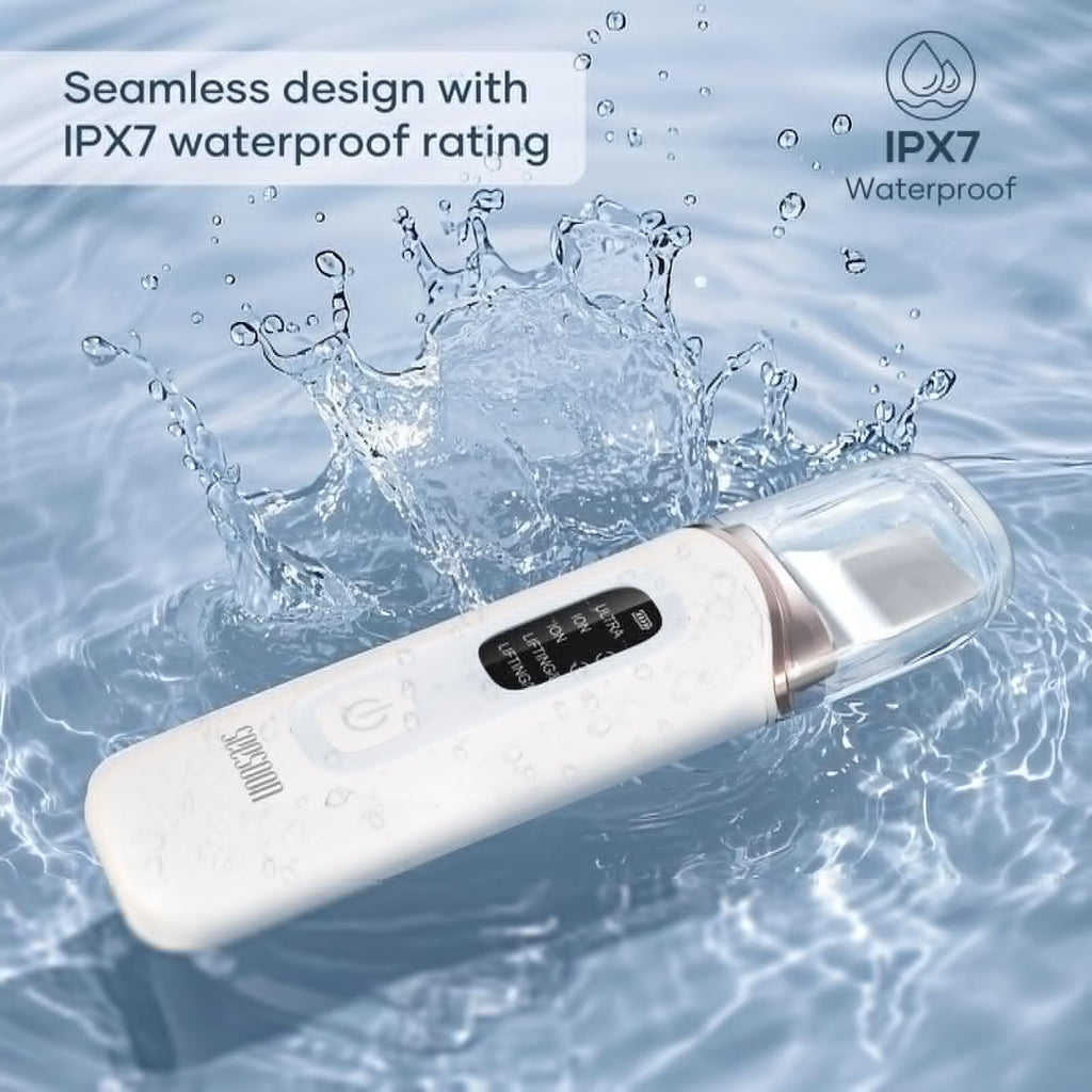 SEESOON Face Scrubber Exfoliator, Skin Scrubber Face Spatula, 4 Modes Blackhead Remover Tools for Facial Deep Cleansing with LCD Display, IPX7 Waterproof-White