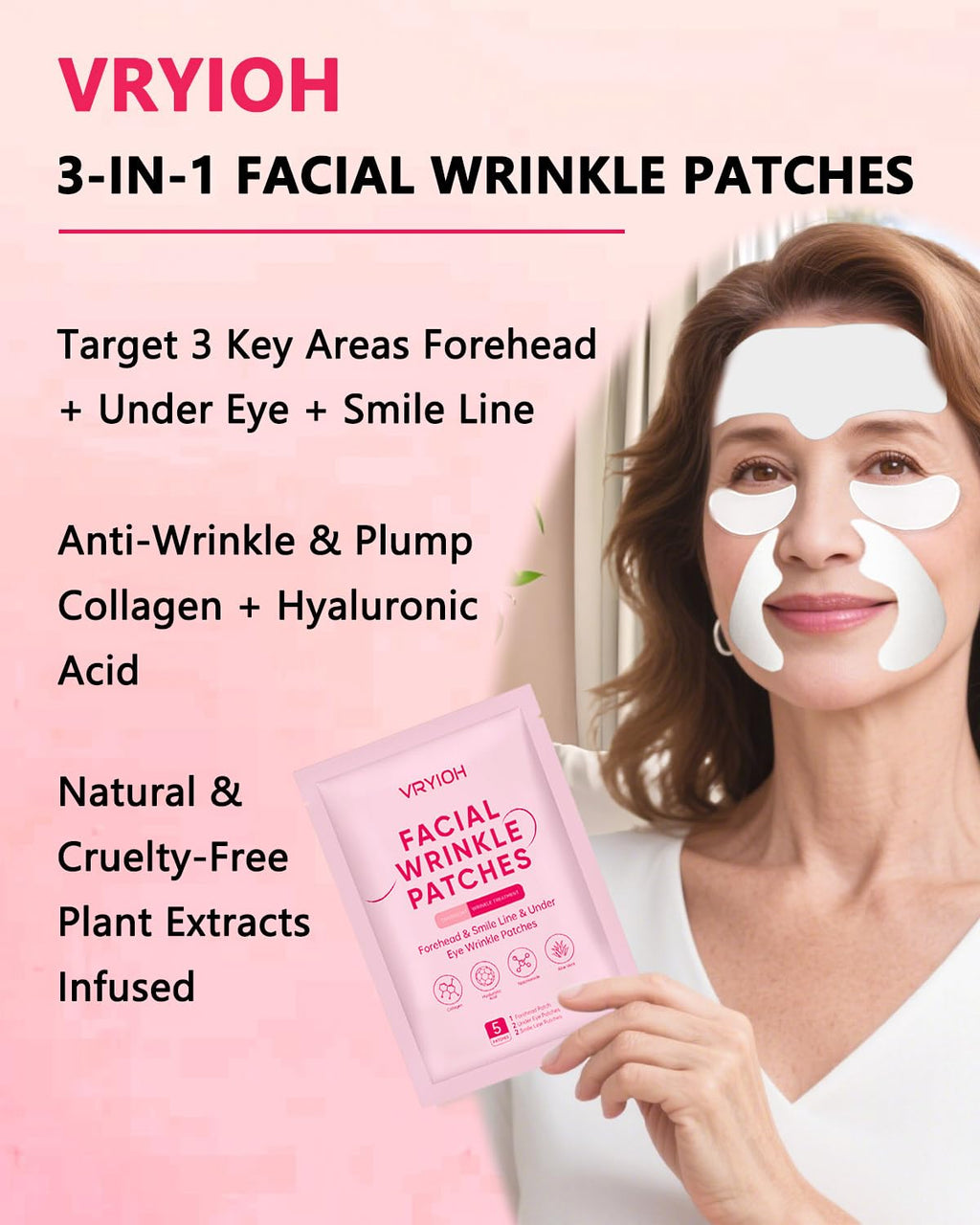 Vryioh Forehead, Smile Line & Under Eye Wrinkle Patches, 3 IN 1 Overnight Facial Wrinkle Treatment with Hyaluronic Acid, Collagen to Lift Lines for Women, 60 Patches