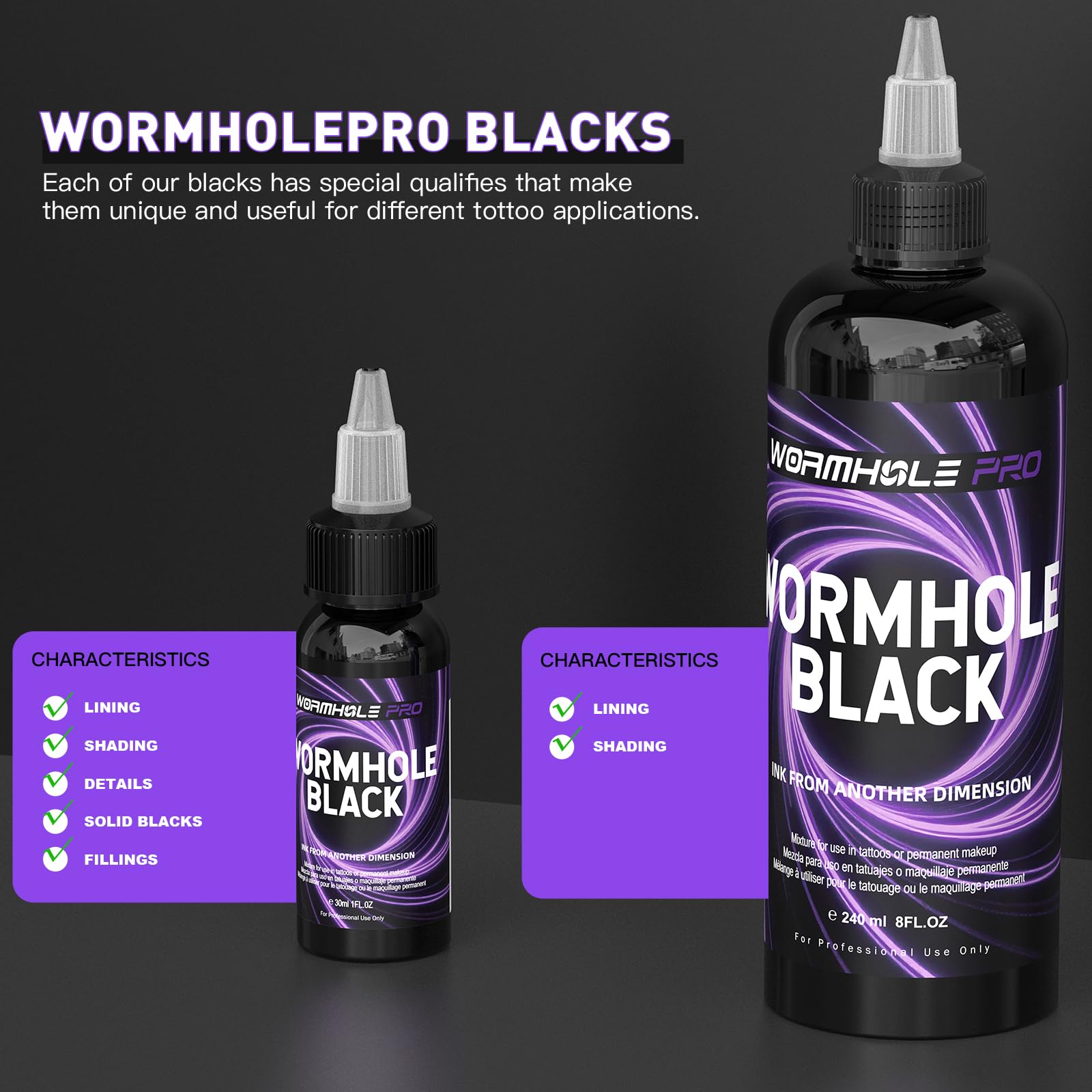 WORMHOLEPRO Black Tattoo Ink, Premium Long Lasting Vivid Color Tattoo Ink, Vegan Friendly Pigment Tattoo Supplies for Tattooist (1 oz Bottle)